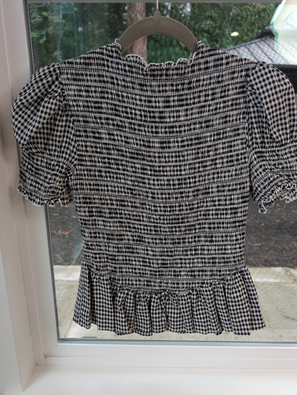 Reformation Black and White Gingham Smocked Puff-Sleeve Top